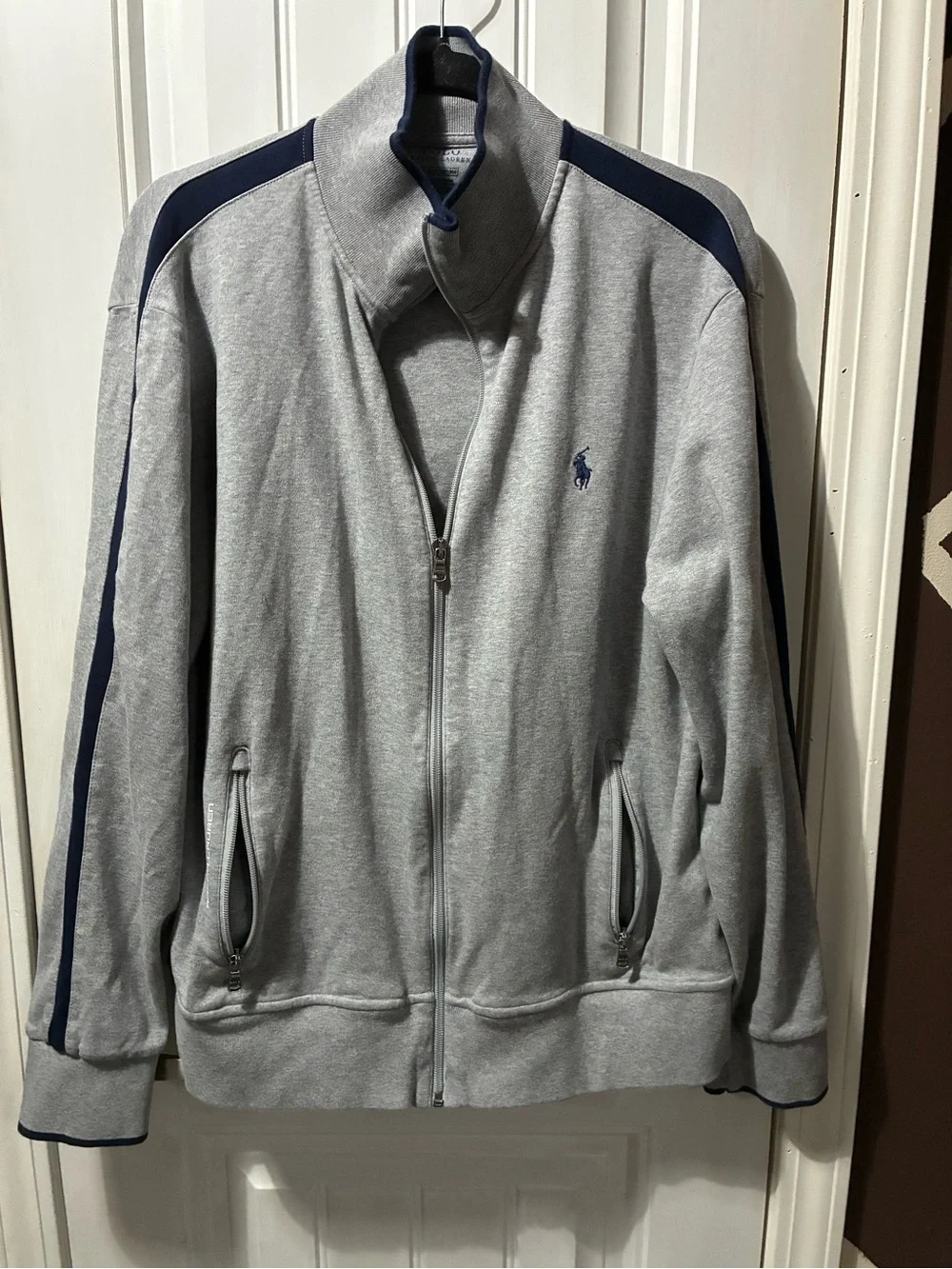 Polo by Ralph Lauren Light Gray Full-Zip Sweatshirt with Navy Trim